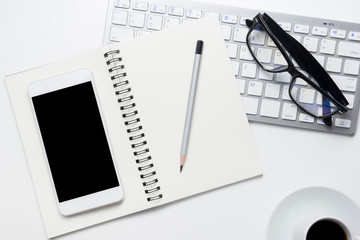 Office desk table with supplies. Flat lay Business workplace and objects. Top view. Copy space for text