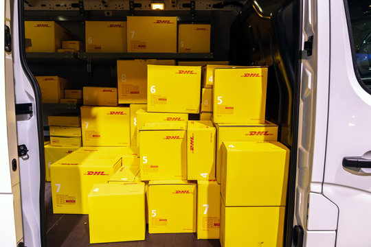 BRUSSELS - JAN 18, 2019: DHL delivery van showcased at the 97th Brussels Motor Show 2019 Autosalon.