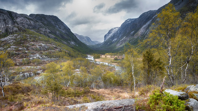 Manafossen  valley of the river  Man in in the province of Rogaland Norway in the  autumn 