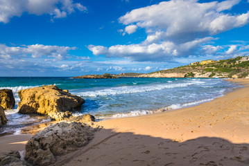 Fototapeta na wymiar Sandy beach of Kalathas with the picturesque islet in Akrotiri Chania, Crete, Greece.