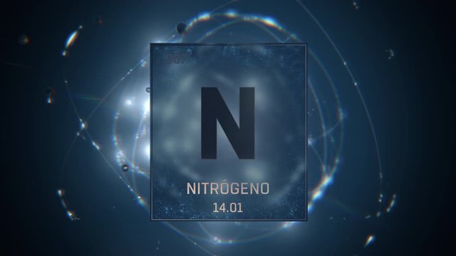 Nitrogen as Element 7 of the Periodic Table. Seamlessly looping 3D animation on blue illuminated atom design background with orbiting electrons. Name, atomic weight, element number in Spanish language