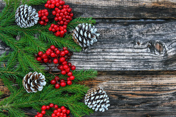 Christmas Decoration Over Wooden Background. Decorations over Wood. Vintage