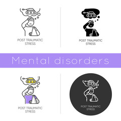 Post-traumatic stress icon. Veteran with anxiety. Depressed soldier. Distress thoughts of war. PTSD psychotherapy. Mental disorder. Flat design, linear and color styles. Isolated vector illustrations