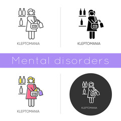 Kleptomania icon. Woman stealing alcohol. Substance abuse. Obsessive-compulsive spectrum. Mental disorder. Person hiding beverage. Flat design, linear and color styles. Isolated vector illustrations