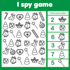 I spy game. Find and count christmas and new year objects. Winter holidays activity for kids, toddlers, children