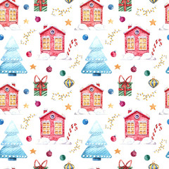 Fototapeta na wymiar Seamless pattern with a Christmas house and toys on a white background, watercolor. Holiday design for postcards, gifts, posters, fabrics, posters, packaging paper