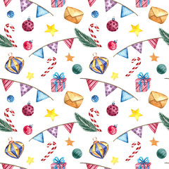 Seamless pattern with Christmas toys on a white background, watercolor. Holiday design for postcards, gifts, posters, fabrics, posters, packaging paper