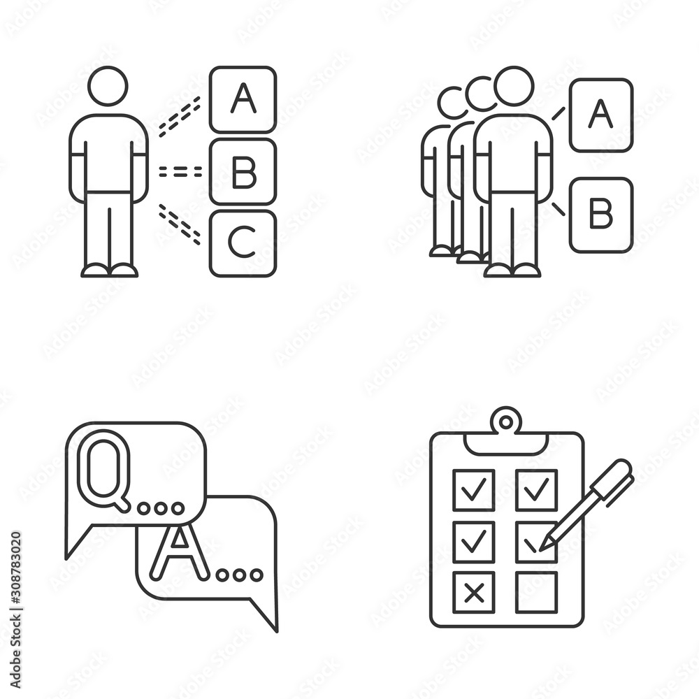Poster survey linear icons set. personal questioning. mass poll. group test. faq sign. question, answer. wr