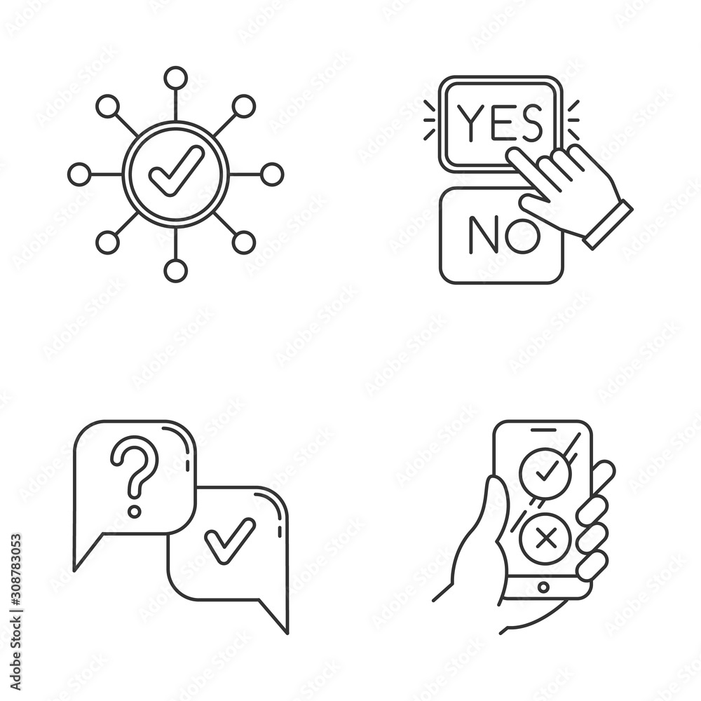 Poster survey linear icons set. correct answer, approve option. spread structure. yes, no. faq sign. online