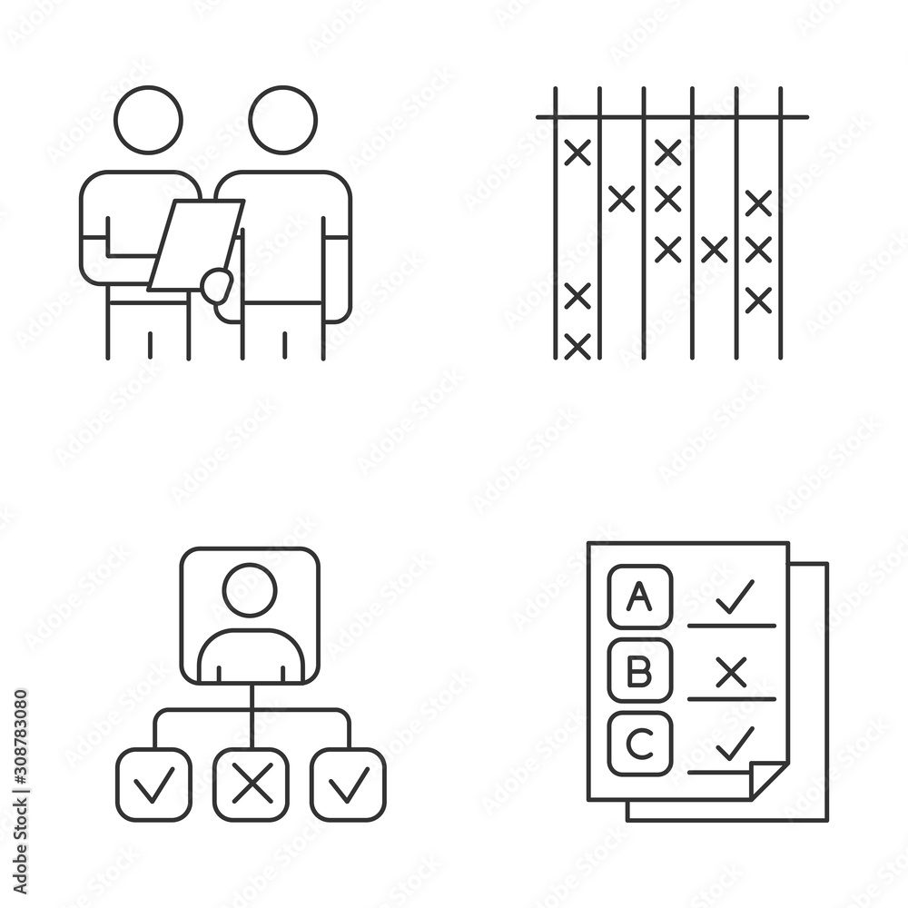 Aufkleber survey linear icons set. interview, questioning. checklist mark. personal profile. written test. sel