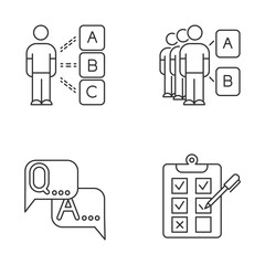 Survey linear icons set. Personal questioning. Mass poll. Group test. FAQ sign. Question, answer. Written checklist. Thin line contour symbols. Isolated vector outline illustrations. Editable stroke