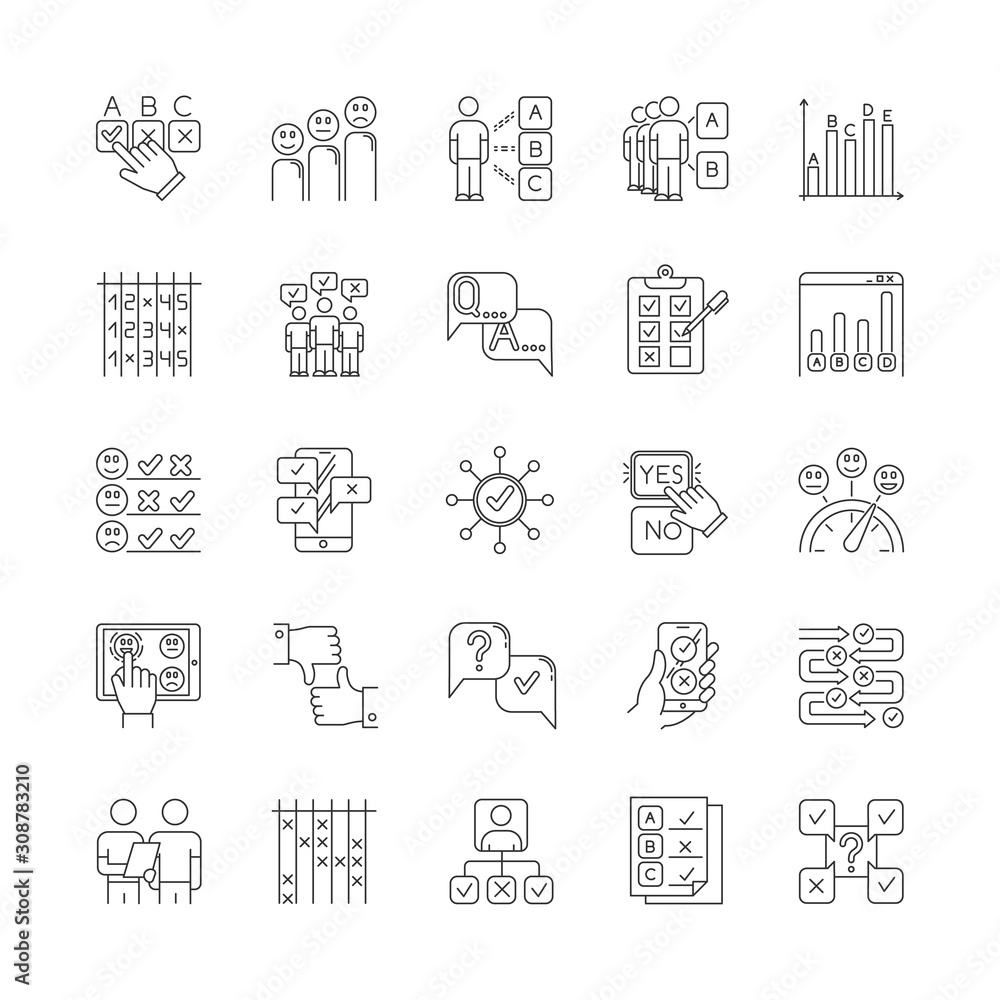 Poster survey linear icons set. question and answer. social poll. group survey. interview, feedback. statis