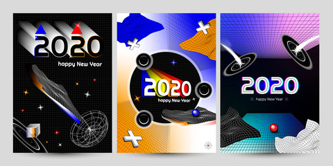 Set of  New Year 2020 Posters With Geometric Shapes. Vector EPS 10