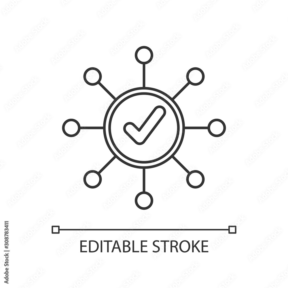 Poster survey mark linear icon. correct answer. approve mark, agree tick. chart spread. molecular structure