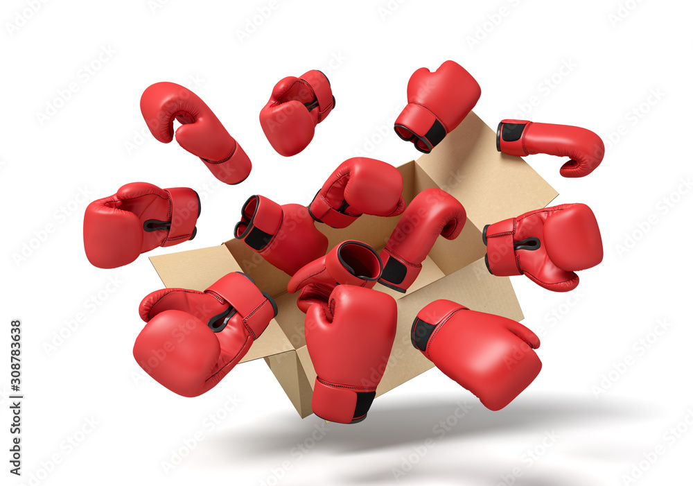 Poster 3d rendering of cardboard box in air full of red boxing gloves which are flying out and floating out