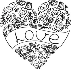 Decorative vector cute doodles hand drawing texture. Valentines Day. Sketch. Shape of  heart with floral and lettering . Love theme items  For card, wedding and any design.