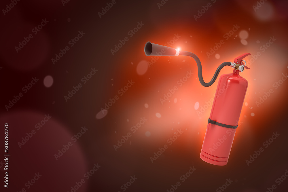 Poster 3d rendering of red fire extinguisher on red gradient bokeh background with copy space.