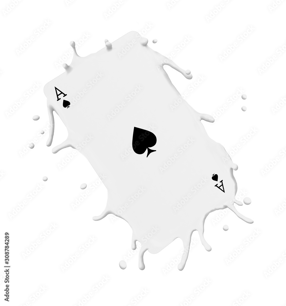 Poster 3d close-up rendering of ace of spades with melting edges isolated on white background.
