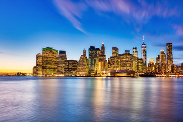 Fototapeta na wymiar New York City Lower Manhattan with Brooklyn Bridge at Dusk, View from Brooklyn, New York