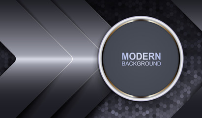 Obraz premium Gray background with a mosaic of polygons, a round frame with a white border, arrows of a metallic hue