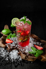 Strawberry Mojito. Cocktail card.  Background black boards. Cocktail card.  Background black boards.