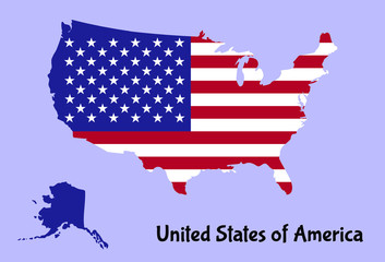 United States of America map in national USA flag style with Alaska state on the blue background. Simple flat vector illustration.