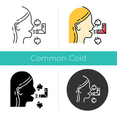Inhalation icon. Respiratory treatment. Asthma help. Breathing problem cure. Sick girl with sprayer. Healthcare. Common cold. Flat design, linear and color styles. Isolated vector illustrations