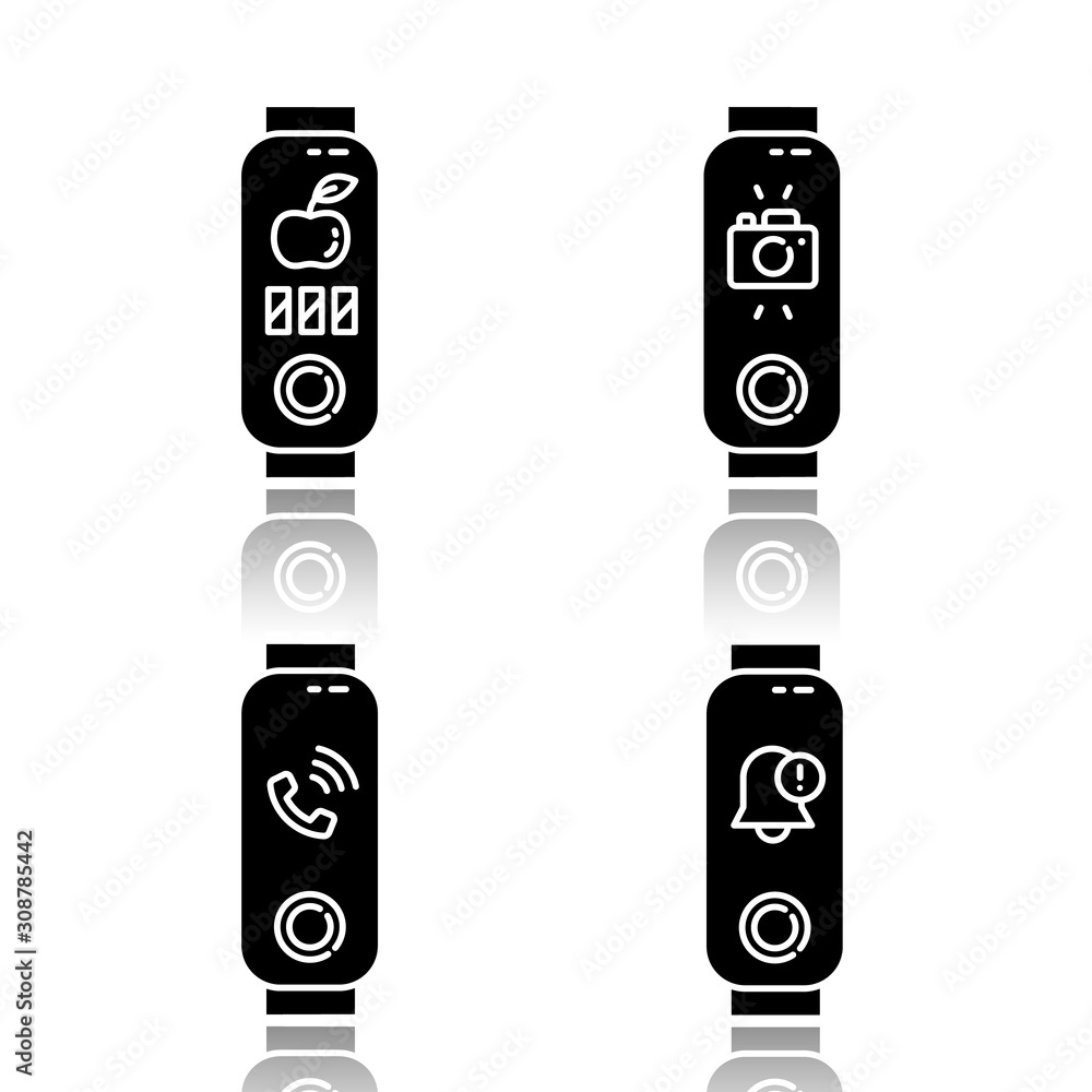 Poster fitness tracker and smartphone synchronization drop shadow black glyph icons set. incoming call and 