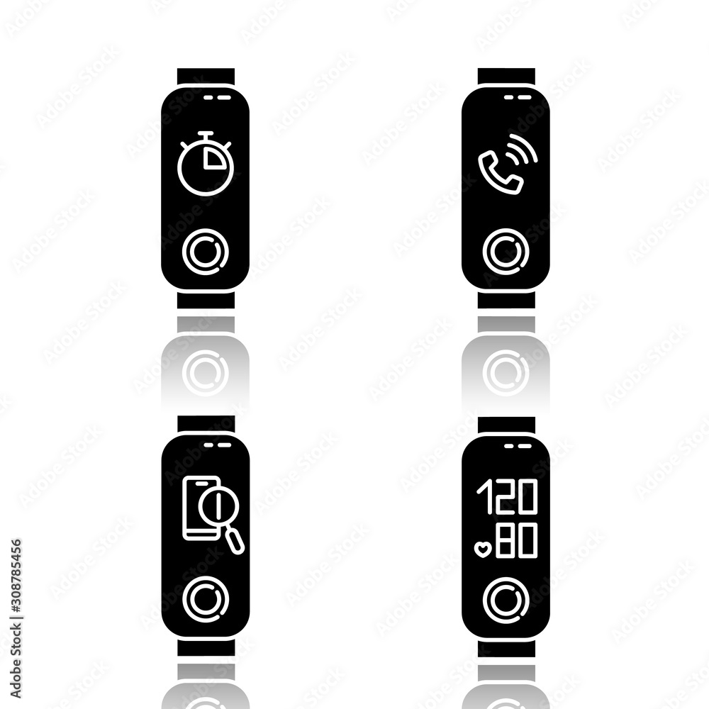 Poster fitness tracker functions drop shadow black glyph icons set. weelness accessory with incoming call a