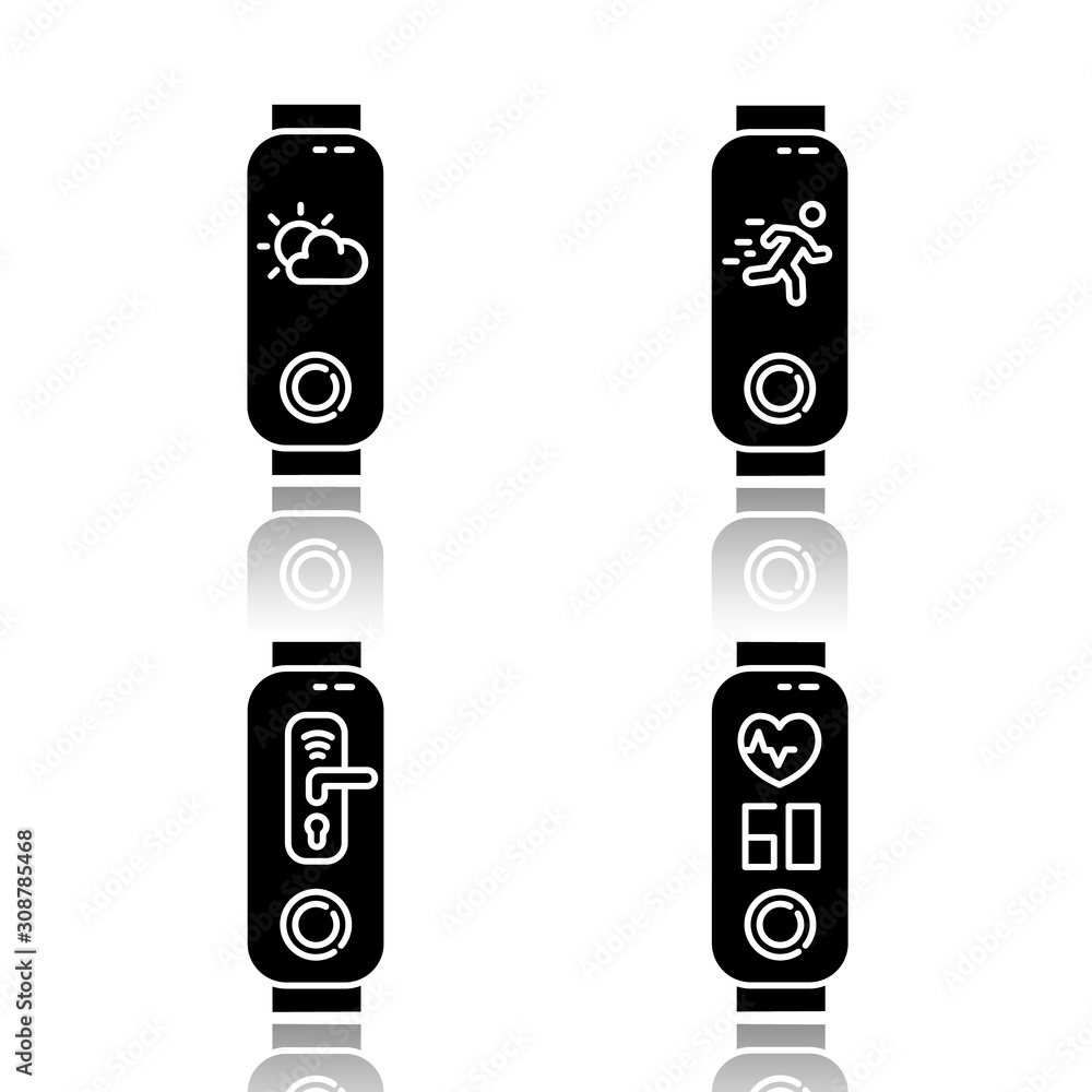Poster fitness tracker notifications drop shadow black glyph icons set. wellness device with weather foreca