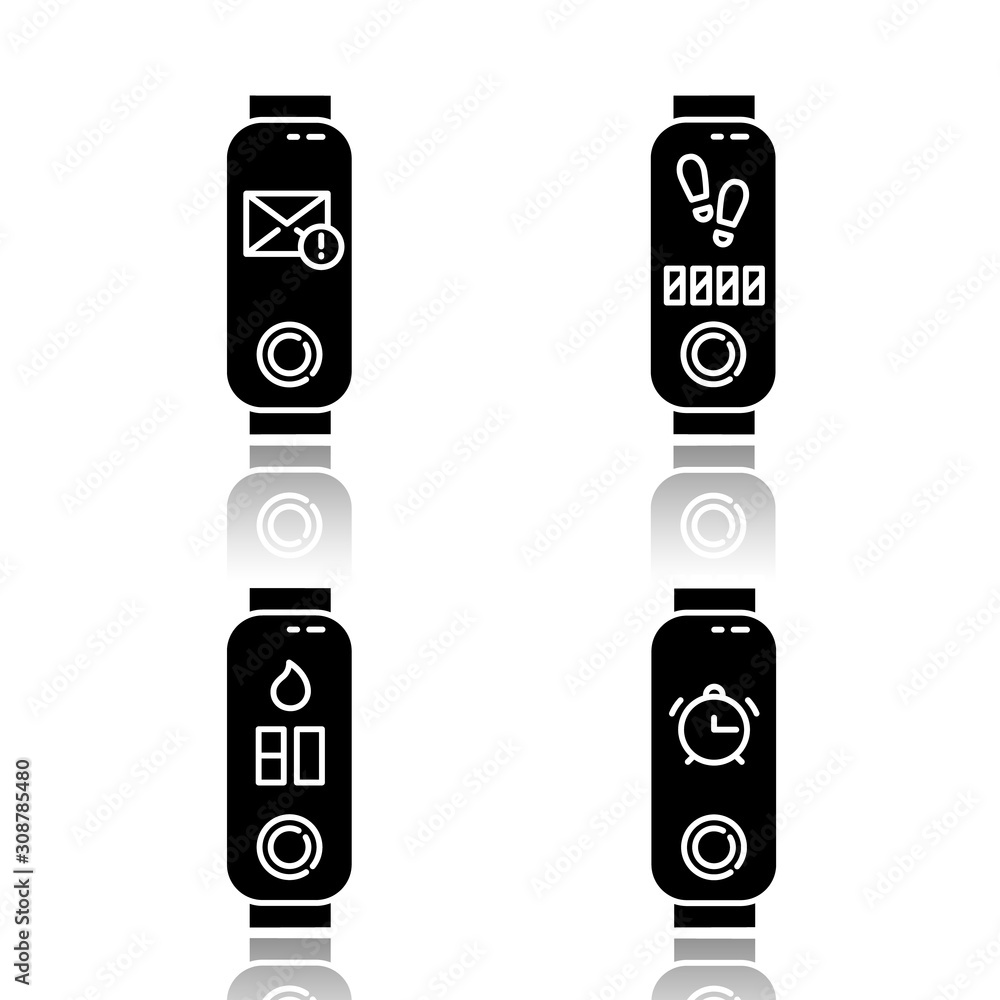 Poster fitness tracker indicators drop shadow black glyph icons set. wellness device with step counter and 