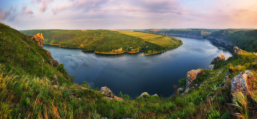 picturesque sunrise over the river canyon. spring morning