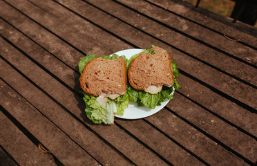 Sandwich with Hum and salad on a wooden bench