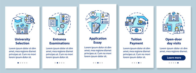 Naklejka premium University entrance onboarding mobile app page screen with linear concepts. Tuition payment. Essay, exam. Five walkthrough steps graphic instructions. UX, UI, GUI vector template with illustrations