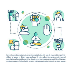 Calming techniques concept icon with text. Stress relief. Meditation and yoga. Recharging, selfcare. Article page vector template. Brochure, magazine, booklet design element with linear illustrations