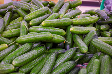 Fresh cucumbers on a supermarket counter. Food background.