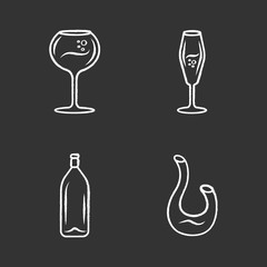 Dessert and sparkling wine chalk icons set. Different types of wineglasses. Decanter, bottle. Aperitif drink, cocktail, alcohol beverage. Party, restaurant. Isolated vector chalkboard illustrations