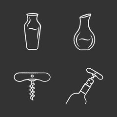 Delicious wine chalk icons set. Types of decanters. Corkscrew, bottle opening tools. Barman equipment. Alcohol beverage, aperitif drink. Restaurant, party. Isolated vector chalkboard illustrations