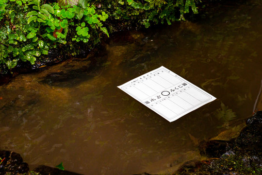 A fortune slip at Kifune Shrine. The paper reads "Water Fortune Slip" in Japanese. Sakyo-ku, Kyoto, Japan - Powered by Adobe