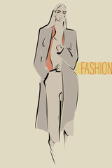 Young stylish woman, model. Fashion illustration in sketch style. Vector