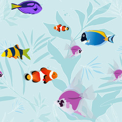 Exotic tropic colorful pretty fish and algae on light blue background. Vector illustration. Marine themed, marine style. Seamless pattern. The undersea world. Imitation of watercolor.