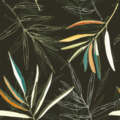 Beige, white and green leaves of palm trees on a black background vector illustration. Seamless pattern.
