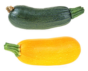 Two fresh zucchini isolated on a white background. Yellow and green zucchini.
