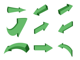 Arrows green directions 3D, cartoon, isometry. Vector design element, icons. The object on an isolated background.