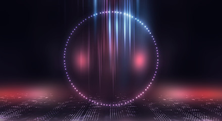 Futuristic abstract neon background, geometric shapes. Abstract light, rays and lines. Empty night scene.