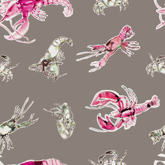 Seafood hand drawn seamless pattern. Marine inhabitants - crab, lobster.
