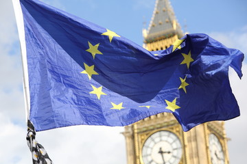 The EU flag raised high at Westminster during a rally against Brexit