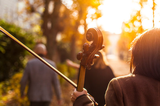 Musikerin mit Musikinstrument in der Natur. Musican with musicinstrument in nature. Chello.