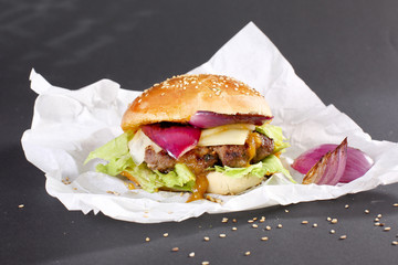 asiaburger in Papier auf grauem untergrund