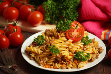 Fusilli pasta with meat and vegetables